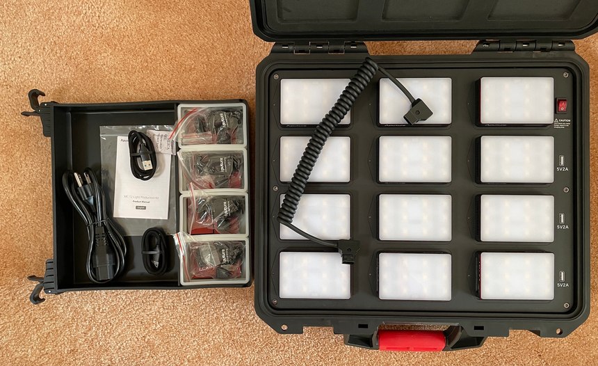 The MC-12 case has a built-in accessory drawer (left) with plenty of extra room to add more gear. Note the D-Tap cable on top of the lights.