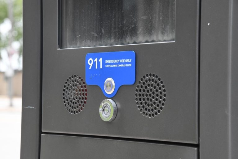 A 911 emergency button on a smart display in downtown Cleveland.
