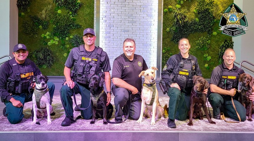Left to right: K9s Charlie, Mango, JoJo, Tacoma, and Woodie (and their handlers).
