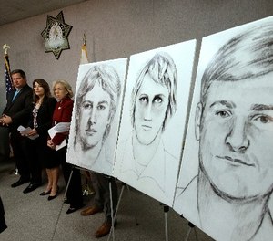 In this June 15, 2016, file photo, law enforcement drawings of a suspected serial killer believed to have committed at least 12 murders across California in the 1970's and 1980's are displayed at a news conference about the investigation, in Sacramento, Calif. (AP Photo/Rich Pedroncelli, File)