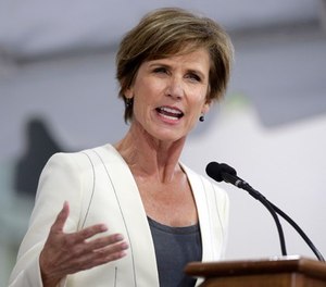 This May 24, 2017, file photo shows former U.S. Deputy Attorney General Sally Yates delivering an address in Cambridge, Mass. Yates will lead an independent investigation into a report that Minneapolis police officers have repeatedly asked medical responders to sedate people with the powerful tranquilizer ketamine.