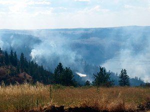 In this photo released by the Eastern Area Incident Management Team, a Fire Boss plane, a fixed-wing aircraft used in wildland fire suppression, battles a wildfire in eastern Washington state on Aug. 5, 2018.