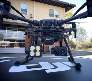 This 2018 photo provided by the Menlo Fire UAS shows a DJI drone with a thermal-imaging camera designed by FLIR Systems in Menlo Park, Calif.