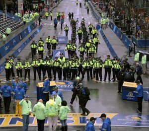 Police officers are shown at the finish line before the start of the 123rd Boston Marathon on Monday, April 15, 2019, in Boston.
