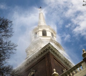 The historic Christ Church test its fire suppression system ahead of summer renovations in Philadelphia, Wednesday, April 17, 2019. (AP Photo/Matt Rourke)