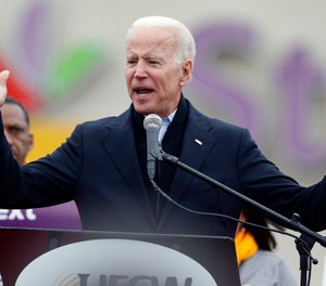 Former vice president Joe Biden speaks at a rally in support of striking Stop & Shop workers in Boston, Thursday, April 18, 2019. (AP Photo/Michael Dwyer)