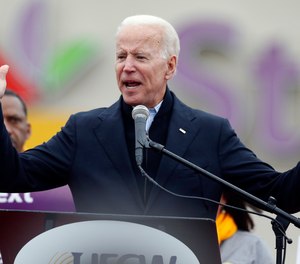 Former vice president Joe Biden speaks at a rally in support of striking Stop & Shop workers in Boston, Thursday, April 18, 2019.