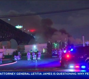In this early Saturday, May 18, 2019 image made from video provided by WCBS TV, smoke billows over the Pulaski Skyway from a fire at the Alden Leads chlorine plant in Kearny, N.Y. Authorities say the fire has been brought under control, but road and bridge closures remained in effect and local residents were urged to remain indoors due to potential danger from fumes. (WCBS TV via AP)