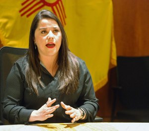 Alisha Tafoya Lucero speaks after being named as Cabinet secretary to oversee New Mexico's combination public-private prison system, at a news conference in Santa Fe, N.M., on Wednesday, June 19, 2019.