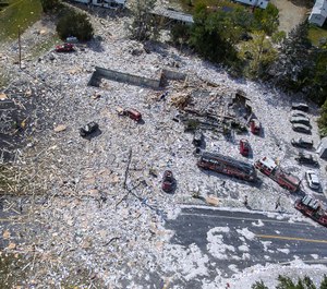 An aerial view of the devastation after an explosion at the Life Enrichment Advancing People (LEAP) building, in Farmington, Maine, killed one firefighter and injured multiple other people. (Photo/Russ Dillingham, Sun Journal via AP)