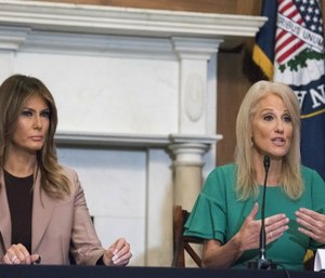 First lady Melania Trump, left, listens as White House Counselor Kellyanne Conway speaks during a roundtable discussion on the opioid crisis. (AP Photo/Cliff Owen)
