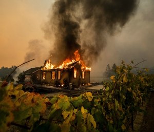 Vines surround a burning building as the Kincade Fire burns through the Jimtown community of unincorporated Sonoma County, Calif. (AP Photo/Noah Berger)