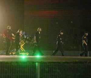 Emergency crews arrive with supplies at Sutter Santa Rosa Regional Hospital to evacuate patients in Santa Rosa, Calif., on Saturday, Oct. 26, 2019. (AP Photo/Ethan Swope)