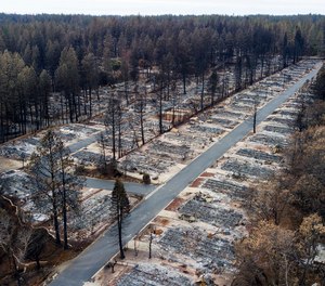 In this Dec. 3, 2018, file photo, homes leveled by the Camp Fire line a retirement community in Paradise, Calif. (AP Photo/Noah Berger, File)