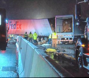 Emergency crews respond to a fatal crash on the Pennsylvania Turnpike in Mount Pleasant Township early Sunday morning, Jan. 5, 2020. Multiple people were killed early Sunday in a crash involving a passenger bus, two tractor-trailers and passenger vehicles in Pennsylvania, officials said.