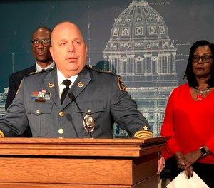 St. Paul Police Chief Todd Axtell speaks at a news conference with lawmakers at the state Capitol in St. Paul, Minn., on Thursday, Feb. 20, 2020.