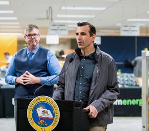 San Jose Mayor Sam Liccardo speaks during a news conference at the Bloom Energy campus in Sunnyvale, Calif., Saturday, March 28, 2020.