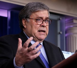 Attorney General William Barr speaks about the coronavirus in the James Brady Press Briefing Room of the White House in Washington. (AP Photo/Alex Brandon)