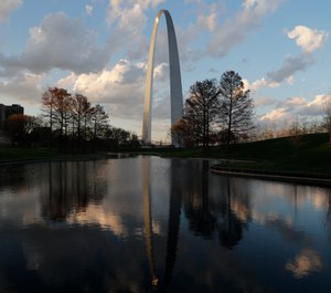 The Gateway Arch is seen Tuesday, April 7, 2020, in St. Louis. (AP Photo/Jeff Roberson)