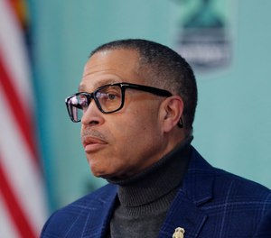 Detroit Police Chief James Craig addresses the media during Detroit Mayor Mike Duggan's daily press briefing on the coronavirus, Thursday, April 16, 2020, in Detroit. (AP Photo/Carlos Osorio)