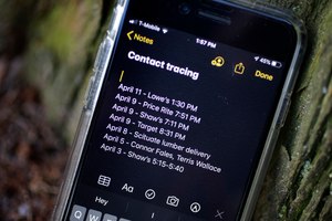 A smartphone belonging to Drew Grande, of Cranston, R.I., shows notes he made for contact tracing. Grande began keeping a log on his phone at the beginning of April, after he heard Rhode Island Gov. Gina Raimondo urge residents to start out of concern about the spread of the coronavirus. Image: AP Photo/Steven Senne