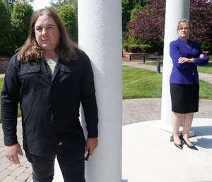 Halifax County Commonwealth's Attorney Tracy Martin, right, poses with Kevin Wynn at the Halifax County War Memorial on May 6, 2020, in Halifax, Va.
