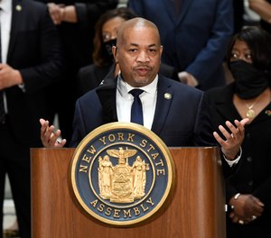 New York Sate Assembly Speaker Carl Heastie, D-Bronx, speaks in favor of new legislation for police reform during a news briefing at the state Capitol Wednesday, June 8, 2020, in Albany, N.Y. (AP Photo/Hans Pennink)