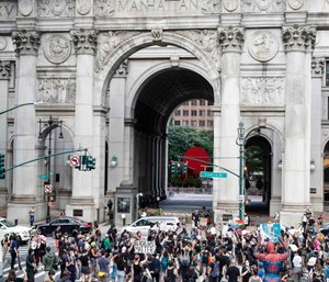 Protesters gather at an encampment outside City Hall, Tuesday, June 30, 2020, in New York.