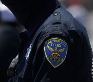 A San Francisco Police Department patch is shown on an officer's uniform in San Francisco, Tuesday, July 7, 2020.