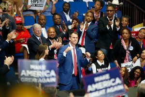 In this June 20, 2020 photo, Oklahoma Gov. Kevin Stitt is recognized as President Donald Trump speaks during a campaign rally at the BOK Center, in Tulsa, Okla. Image: AP Photo/Sue Ogrocki