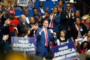 In this June 20, 2020 photo, Oklahoma Gov. Kevin Stitt is recognized as President Donald Trump speaks during a campaign rally at the BOK Center, in Tulsa, Okla. Image: AP Photo/Sue Ogrocki
