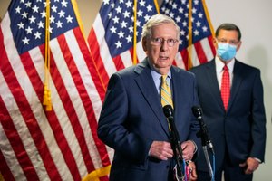 Senate Majority Leader Mitch McConnell, R-Ky., with Sen. John Barrasso, R-Wyo., speaks to reporters on Capitol Hill, in a Tuesday, June 30, 2020 photo, in Washington. Image: AP Photo/Manuel Balce Ceneta