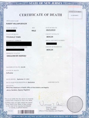 This image provided by the Nassau County District Attorney's office in Mineola, N.Y., shows a fake death certificate with some information redacted by the DA's Office. (Photo/Nassau County District Attorney's Office via AP)