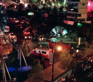 This Saturday morning, July 27, 1996, file photo shows an overview of Centennial Park in Atlanta after an explosion struck a tower near a stage where thousands of people were watching a concert.