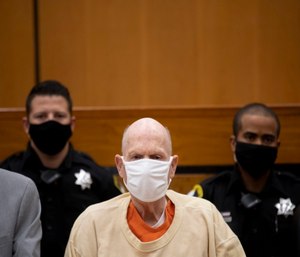 Joseph James DeAngelo sits during the second day of victim impact statements at the Gordon D. Schaber Sacramento County Courthouse in Sacramento, Calif.