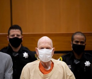 Joseph James DeAngelo sits during the second day of victim impact statements at the Gordon D. Schaber Sacramento County Courthouse in Sacramento, Calif.