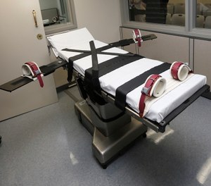 A gurney stands in the execution chamber at the Oklahoma State Penitentiary in McAlester, Okla.