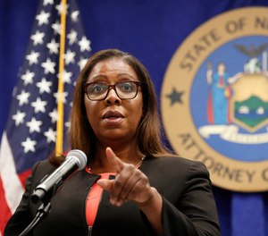 In this Aug. 6, 2020 file photo, New York State Attorney General Letitia James takes a question at a news conference in New York.