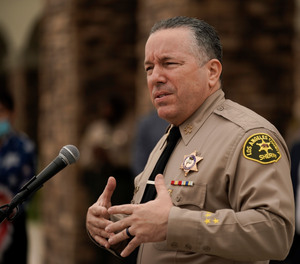 Los Angeles County Sheriff Alex Villanueva speaks during a news conference in Los Angeles, Thursday, Sept. 10, 2020.