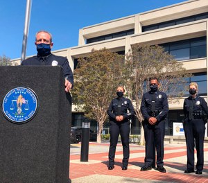 Los Angeles Police Chief Michel Moore discusses an attack on a police officer on Monday, Sept. 28, 2020, in Los Angeles.