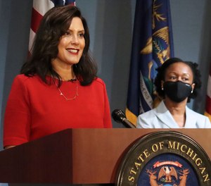 In this photo Sept. 16, 2020 file photo, Gov. Whitmer addresses the state during a speech in Lansing, Mich.