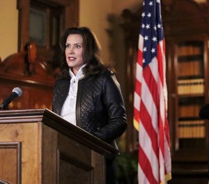 Michigan Gov. Gretchen Whitmer addresses the state during a speech in Lansing, Mich., Thursday, Oct. 8, 2020. (Michigan Office of the Governor via AP)
