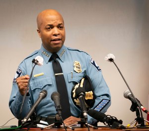 Police Chief Medaria Arradondo speaks during a press conference to announce the Justice Department has put $3 million toward the creation of a national center to help law enforcement agencies prevent the use of excessive force at the Federal Courthouse, Tuesday, Oct. 20, 2020, in Minneapolis.