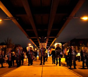 Philadelphia police officers form a line during a demonstration in Philadelphia, late Tuesday, Oct. 27, 2020.