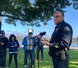 Portland Police Chief Chuck Lovell speaks to reporters about a proposed $18 million in budget cuts to his bureau Thursday, Oct. 29, 2020, in Portland, Ore.