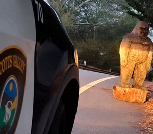 This photo shows a Bigfoot statue that officers found on a roadway in the mountains north of Santa Cruz in Scotts Valley, Calif., Thursday, Nov. 12, 2020.