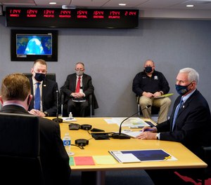 Vice President Mike Pence listens during a briefing about the upcoming presidential inauguration of President-elect Joe Biden and Vice President-elect Kamala Harris, at FEMA headquarters, Thursday, Jan. 14, 2021, in Washington.