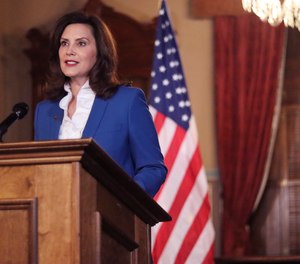 In a photo provided by the Michigan Office of the Governor, Gov. Gretchen Whitmer delivers her virtual State of the State address the state, Wednesday, Jan. 27, 2021 in Lansing, Mich.