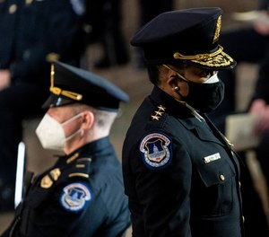 Capitol Police Acting Chief Yogananda Pittman departs a ceremony memorializing U.S. Capitol Police officer Brian Sicknick on Feb. 3, 2021, in Washington.