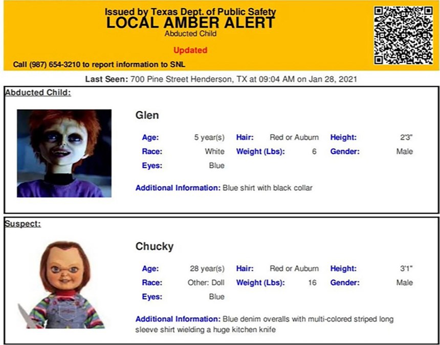 This photo shows an Amber Alert test for Chucky and his son Glen Ray that was released last Friday, Jan. 29, 2021 by the agency.
